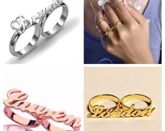 Custom Name ring Two finger Personalized Initial Name Ring  Gold, Silver, Rose Gold