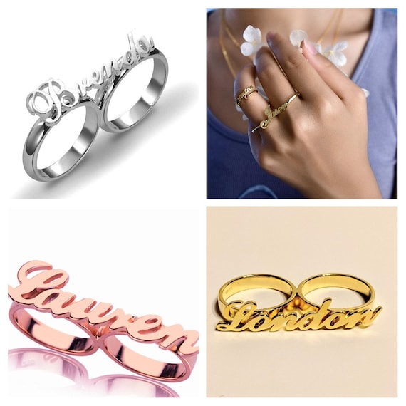 Diamond Cut Cursive Font Personalized Name Double Finger Ring