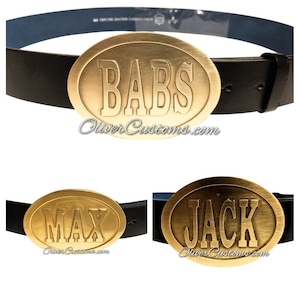 3D Raised Letter Oval Custom name belt Buckle:  Personalized Polished Brass, Rose Gold, or Chrome