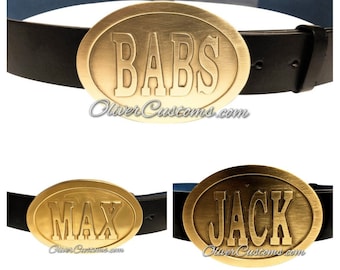 3D Raised Letter Oval Custom name belt Buckle:  Personalized Polished Brass, Rose Gold, or Chrome