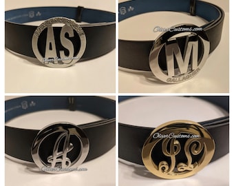 Luxury custom Designer monogram initial logo belt buckle with round frame:  Personalized Polished Brass, Rose Gold, or Chrome