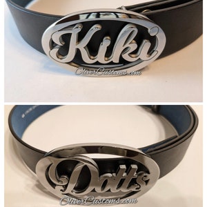 Cursive, Script, Oval  Custom name belt Buckle:  Personalized Polished Brass, Rose Gold, or Chrome