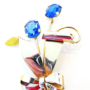 Vintage 1940s Sterling Sapphire Diamante Floral Pin