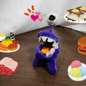 May include: A purple fuzzy monster with one eye and an open mouth is surrounded by various food items, including a plate of sausages, a burger, a bowl of ice cream, a plate of dessert, and a plate of meat.