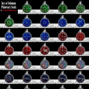 May include: A set of 25 silver pendants with different planetary seals. Each pendant features a circular design with a black, white, red, green, or blue background. The seals are surrounded by a silver frame and are attached to a silver chain.