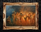 Nude nymphs dancing to Pan's flute around the fire. Witch print, witchcraft art, witchy poster, wiccan home decor, pagan artprint #W97