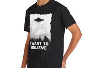 I want to believe T-Shirt, UFO T-shirt, Flying Saucer tee, occult and esoteric clothing by Frater Setnakh, alienship Tee | UNISEX T-SHIRT