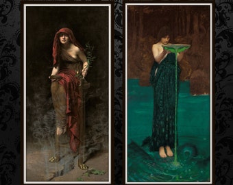 Pode incluir: Duas pinturas que retratam mulheres em túnicas fluidas realizando rituais. A primeira pintura mostra uma mulher com uma túnica vermelha segurando um galho e em pé em uma nuvem de fumaça. A segunda pintura mostra uma mulher com uma túnica verde despejando um líquido verde de uma tigela em um corpo de água.