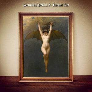 May include: A painting of a woman with wings, flying in a dark sky. The woman is nude and has long dark hair. The painting is framed in a wooden frame.