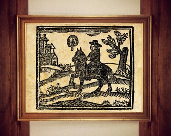 Medieval Woodcut Print: Witchcraft, Man on Horseback, Occult Home Decor #W31