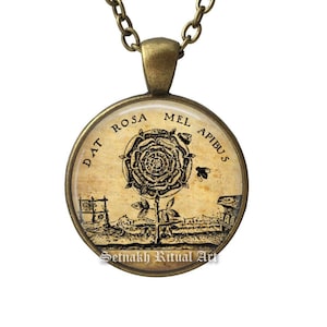 Rosicrucian Rose and Bees Pendant, Occult Talisman Necklace A15