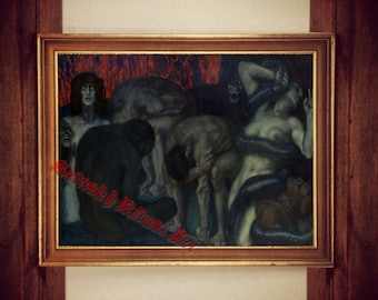 Antieke prent Lucifer, satanische occulte kunst, gotisch interieur