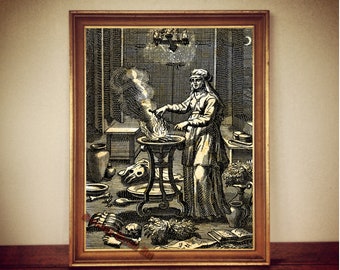 May include: A black and white vintage illustration of a woman in a long dress standing in a room with a cauldron and other objects. The woman is stirring the cauldron with a long stick. There is a crescent moon in the upper right corner of the image.