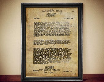 May include: A vintage-style document with a black frame, titled "Setnakh Occult & Ritual Art." The document is a classified report about a UFO sighting in 1947, labeled "TOP SECRET/MAJIC EYES ONLY." The text describes the event and the recovery of the wreckage.