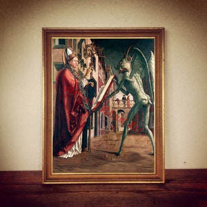 Satanic print, occult art, antique print Saint with Devil, demons and Satan, satanic poster, gift, gothic home decor #513