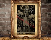 The Tower Tarot print, Sudden change, upheaval, chaos, revelation, awakening, magick, Tarot occult poster,  occult home decor #396.16