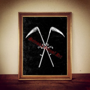 May include: A black and white illustration of two crossed scythes with a red ribbon tied at the intersection. The image is framed in a brown wooden frame.