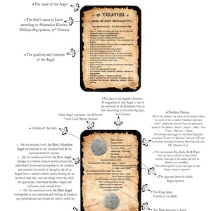Pode incluir: Um cart&atilde;o de tar&ocirc; de estilo vintage com uma ilustra&ccedil;&atilde;o detalhada de um anjo e texto sobre o nome, as qualidades e a fun&ccedil;&atilde;o do anjo. O cart&atilde;o &eacute; rodeado por uma borda decorativa e inclui informa&ccedil;&otilde;es sobre o lugar do anjo na hierarquia ang&eacute;lica e sua conex&atilde;o com a &Aacute;rvore da Vida cabal&iacute;stica.