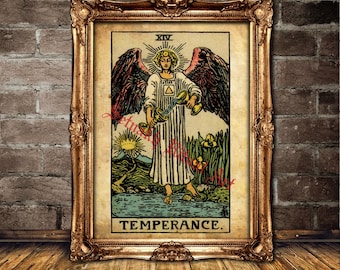 May include: A vintage tarot card with a gold frame. The card depicts an angel with wings, pouring water from two cups. The card is titled "TEMPERANCE" and the number "XIV" is in the top right corner.