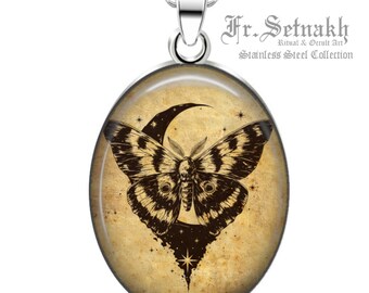 Moth and Moon Talisman Pendant Necklace – Stainless Steel Wicca Jewelry #WS7