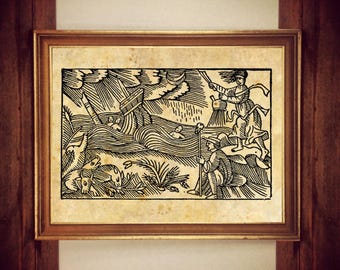 Witchcraft Woodcut Art Print – Woman Casting Storm Spell, Gothic Pagan Decor #W71
