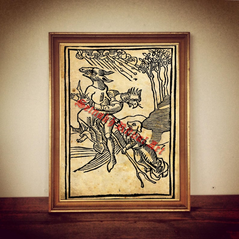 Witches print, witchcraft illustration, medieval poster, occult wall decor,  rustic home, demons, beast #319