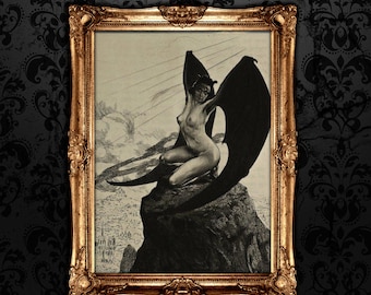 Naked Lilith, Fallen Angel print, vintage, dark art, occult poster, gothic home decor, witchcraft, witch print, wiccan art #ANG7