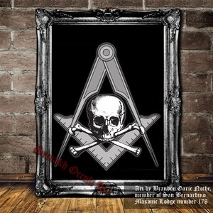 Skull and Bones, Masonic Square and Compass print, Freemasonry symbolism, antique print, Freemasons, occult art   #MS4