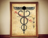 Snake on caduceus ancient egyptian winged sun symbol | print illustration poster | occult antique rustic vintage home living room decor 150