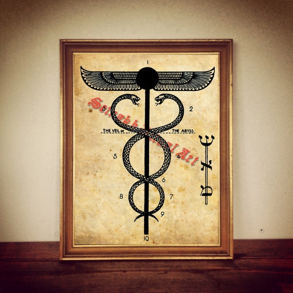 Snake on caduceus ancient egyptian winged sun symbol | print illustration poster | occult antique rustic vintage home living room decor 150