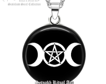 Collier pendentif pentagramme triple lune – Amulette lunaire wiccane n° 109