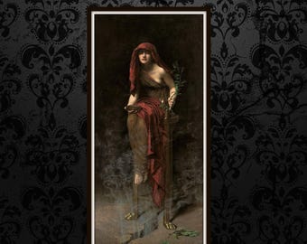 Pode incluir: Uma pintura de uma mulher com uma túnica vermelha, segurando um ramo com folhas. Ela está em pé em uma plataforma com fumaça subindo de baixo. A pintura é emoldurada em uma moldura de madeira escura.