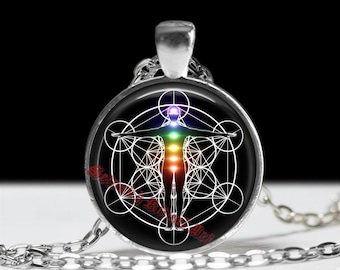Seven Chakras Glass Cabochon Pendant, Sacred Geometry Energy Necklace, Chakra Alignment Talisman #100