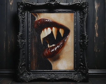 May include: A close-up painting of a vampire's mouth with sharp fangs and red lips. The painting is framed in a black ornate frame. The text "VAMPIRE KISS" is written below the frame.