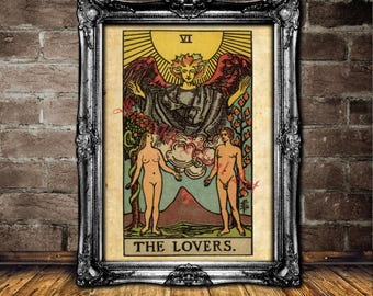 The Lovers Tarot card print, Love, harmony, relationships, values alignment, choices, magick art, fortune-teller, occult poster, #396.6