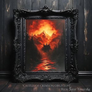 Castle of Crimson Oblivion Print – Dark Gothic Castle Art at Sunset – Spooky Fantasy Wall Art – Haunted Castle Fine Art – Gothic Decor #SV25