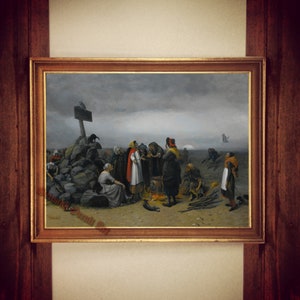 May include: A painting depicting a group of people gathered around a cauldron in a rocky landscape. The sky is overcast and there is a sense of mystery and intrigue in the scene.