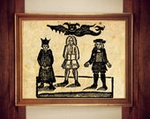 Witchcraft: Robert Hunt with two other men, surmounted by a devil. Woodcut, witchcraft, black magic, dark art print, occult poster #W41