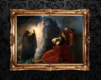 May include: A painting in a gold frame depicts a scene with four figures. A ghostly figure appears in the center of the painting, while a man in red robes sits on the ground with his head in his hands. Two other figures stand behind him, one with a staff and the other with a book. The painting is set in a dark, cavernous space.