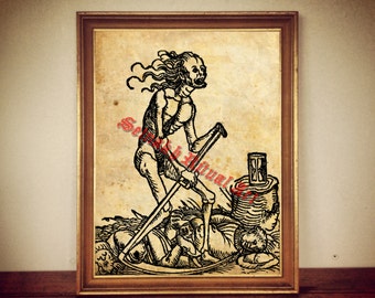 Death print, medieval illustration, occult image, skeleton poster, memento mori, witchcraft, magick, magic decoration #294