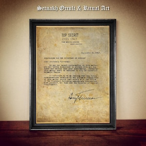 May include: A framed document with a vintage aesthetic, featuring a top secret memo from the White House dated September 24, 1947. The memo is addressed to the Secretary of Defense and discusses Operation Majestic Twelve.