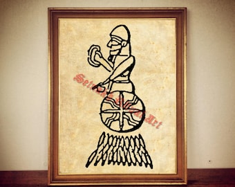 Enlil Print, Sumerian Cylinder Seal Art, Ancient Aliens Poster #518.6