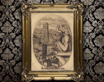 Gargoyle Notre Dame Cathedral Print, Antiqued Gothic Art #DM3
