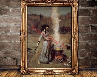 Witch in Magic Circle Print, Occult Medieval Illustration, Vintage Home Decor #370