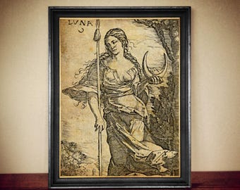 Luna Goddess Print, Vintage Witchcraft Art, Gothic Decor #W112
