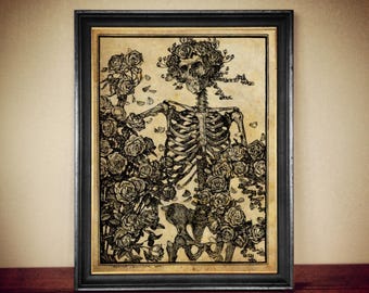 Skeleton with Roses Print, Edmund J. Sullivan, Gothic Dark Academia Art #D13