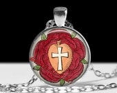 Rosicrucian rose pendant, cross necklace, occult jewelry, ritual lamen, magic talisman #257