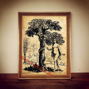 Eve and Snake Antiqued Print, Eden Tree of Knowledge, Vintage Home Decor #69