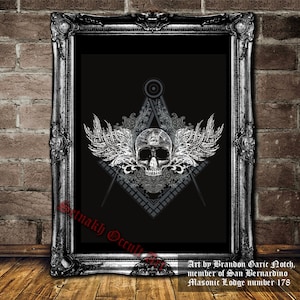 Skull, Masonic Square and Compass print, Freemasonry symbolism, antique print, Freemasons, Great Architect&#39;s tools illustration   #MS3