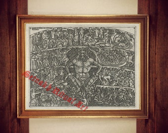 Antieke Lucifer-kunstdruk, Dante's Inferno, gotisch woondecor